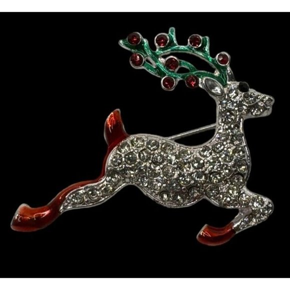 Reindeer Brooch Pin Vintage Christmas Jewelry Unsigned Rhinestones Holly Antlers - Picture 4 of 4